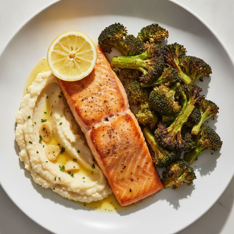Seared Salmon with Roasted Broccoli and Garlic Mashed Cauliflower