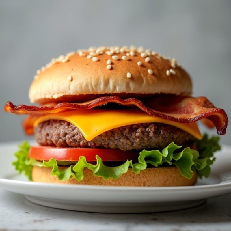 Hearty Lean Beef Burger with Crispy Turkey Bacon and Melted Cheddar