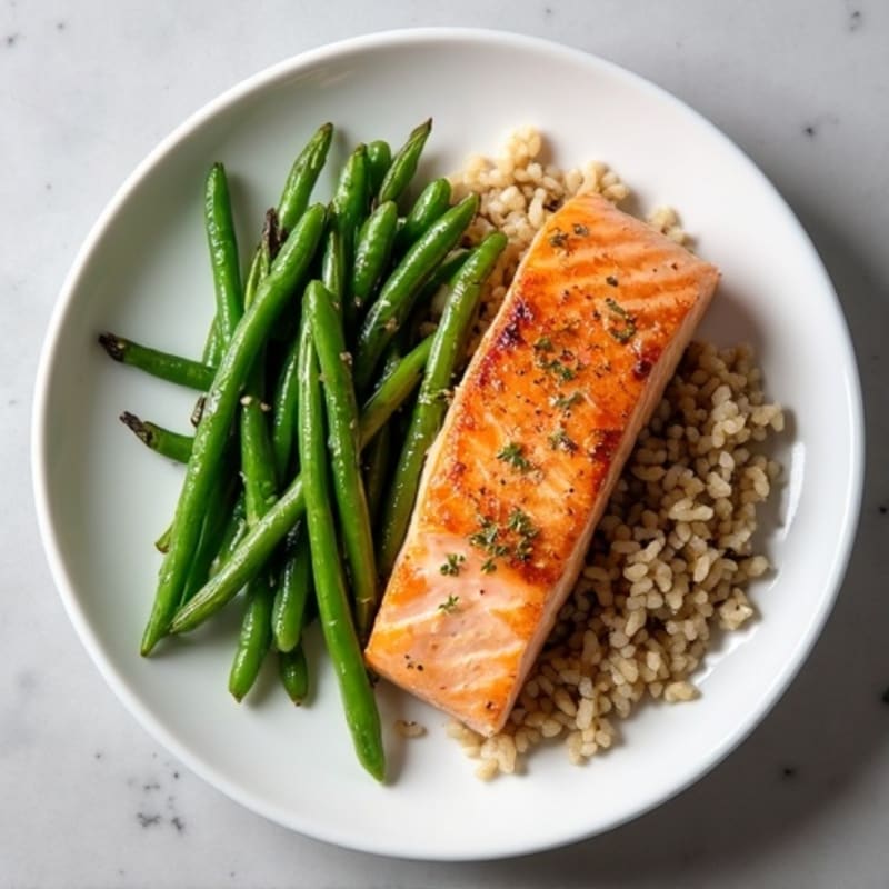 Seared Salmon Fillet with Garlic Green Beans and Brown Rice