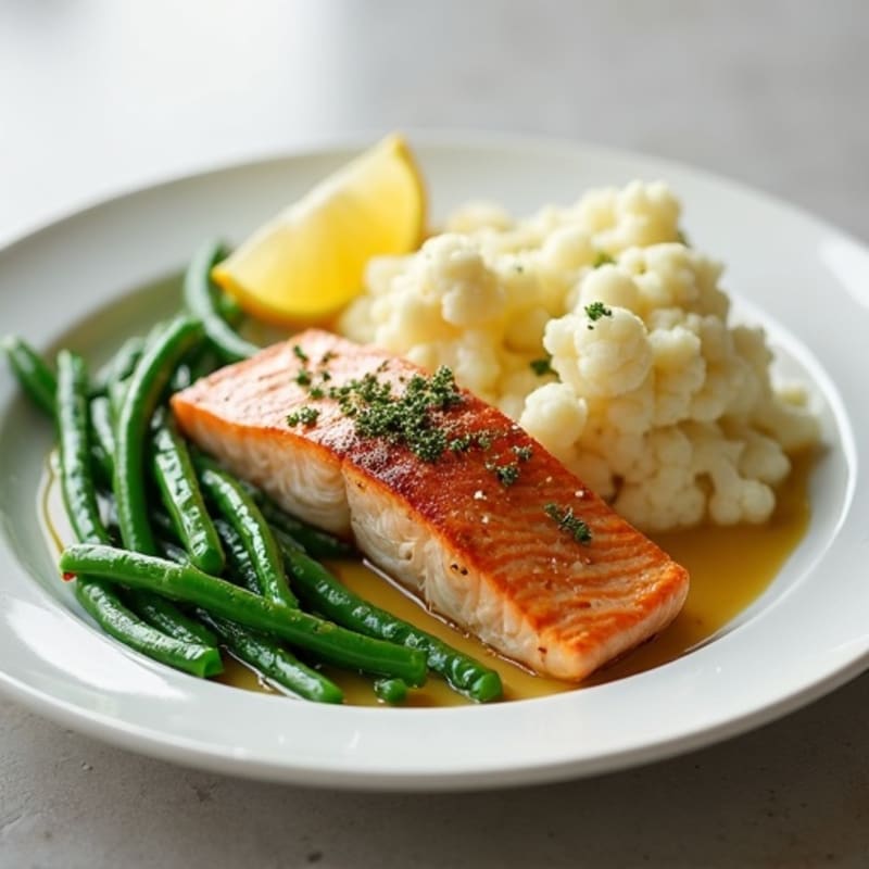 Seared Salmon with Steamed Green Beans and Garlic Mashed Cauliflower
