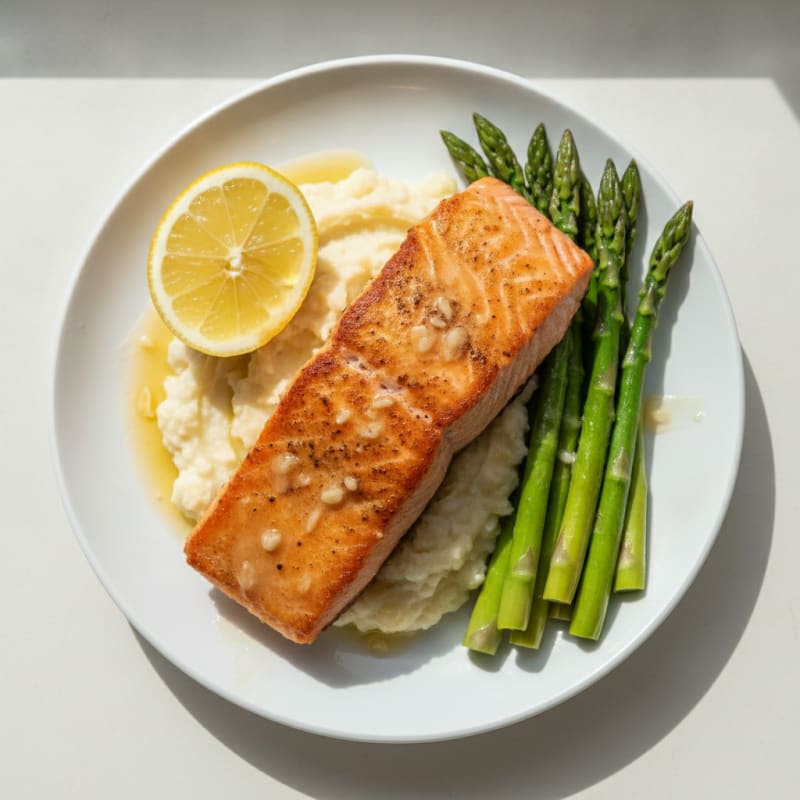 Seared Salmon Fillet with Steamed Asparagus and Garlic Cauliflower Mash