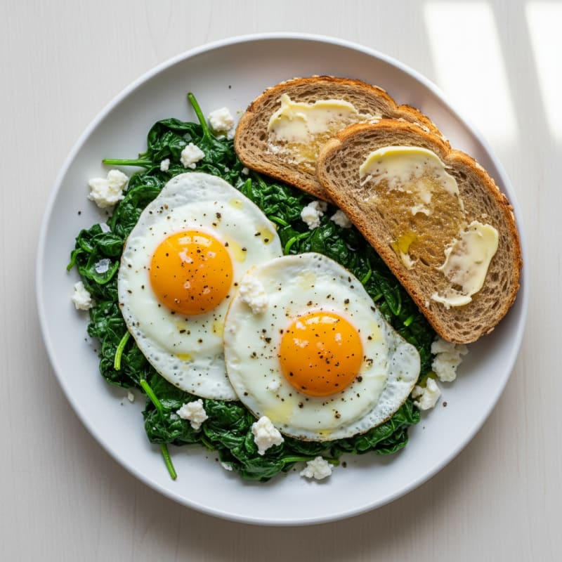 Spinach Fried Eggs with Buttered Toast