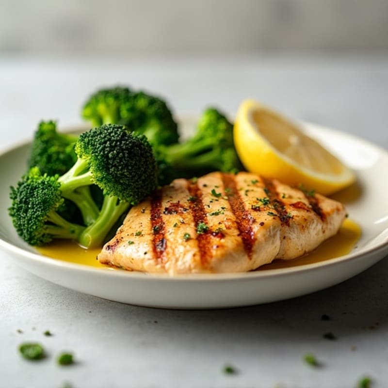 Grilled Chicken Breast with Steamed Broccoli and Lemon