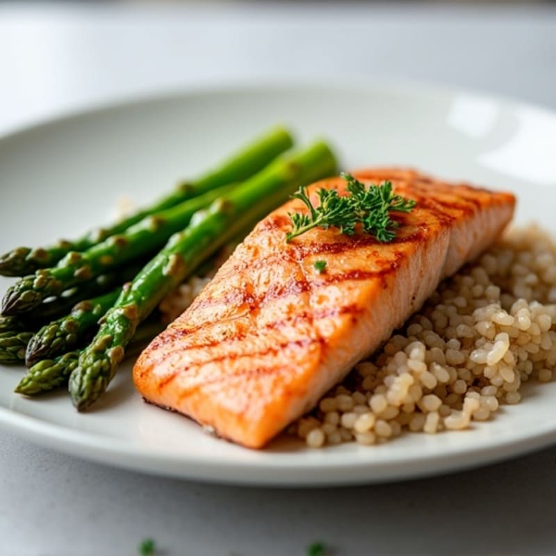 Seared Salmon with Steamed Asparagus and Brown Rice