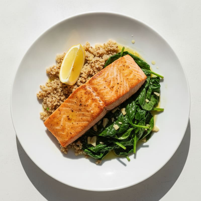 Seared Salmon Fillet with Quinoa and Garlic Sautéed Spinach