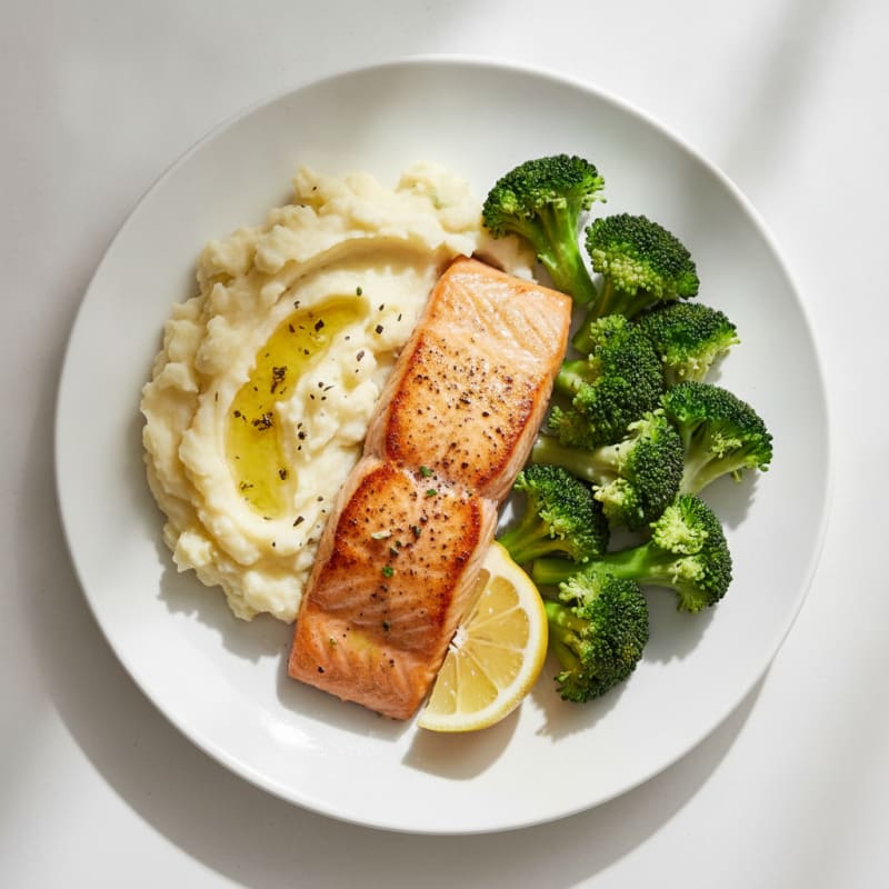 Seared Salmon with Steamed Broccoli and Garlic Mashed Potatoes