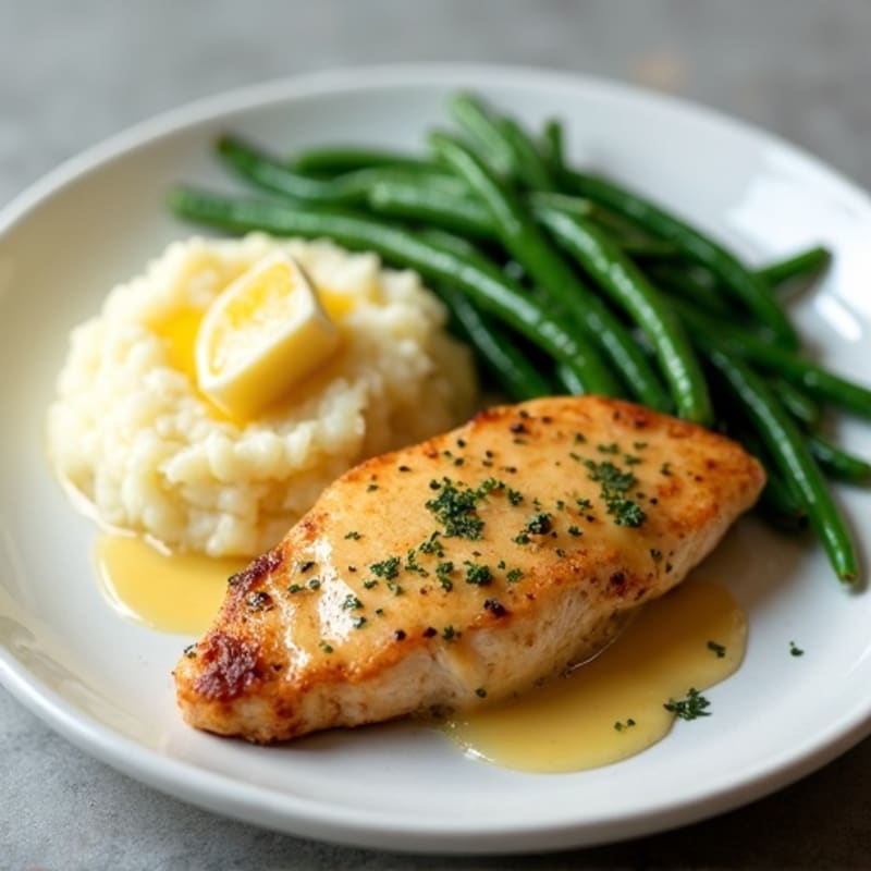 Garlic Butter Pan-Seared Chicken with Creamy Mashed Potatoes and Roasted Green Beans