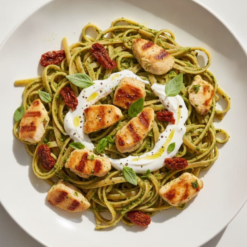 Creamy Pesto Chicken Linguine with Sun-Dried Tomatoes