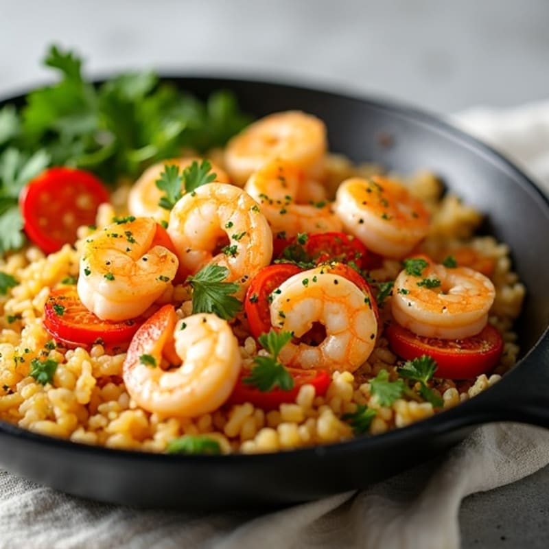 Lemon-Garlic Seafood Skillet with Saffron Rice and Fresh Vegetables