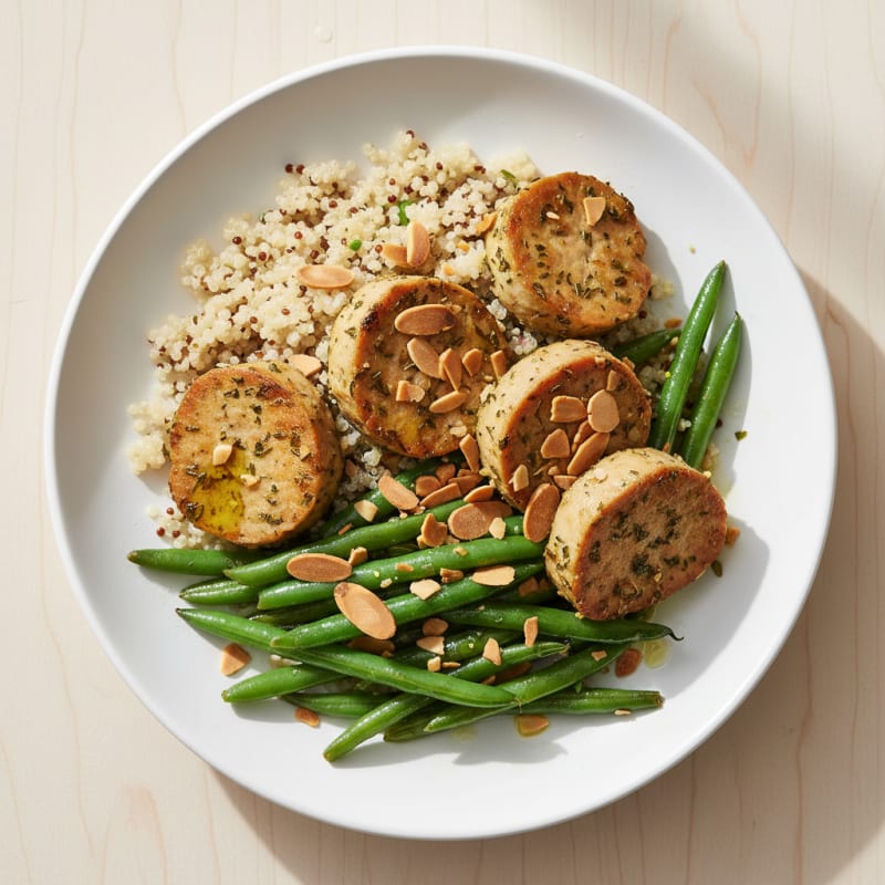 Herb-Baked Seitan with Garlic Green Beans and Quinoa