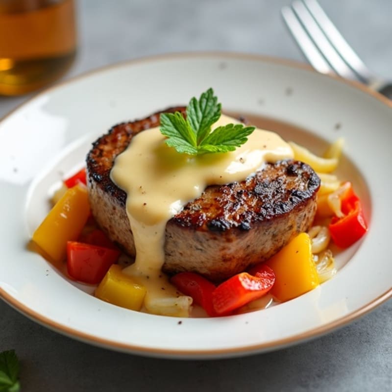Lean Pan-Seared Steak with Sautéed Peppers, Onions, and Creamy Cheese Sauce