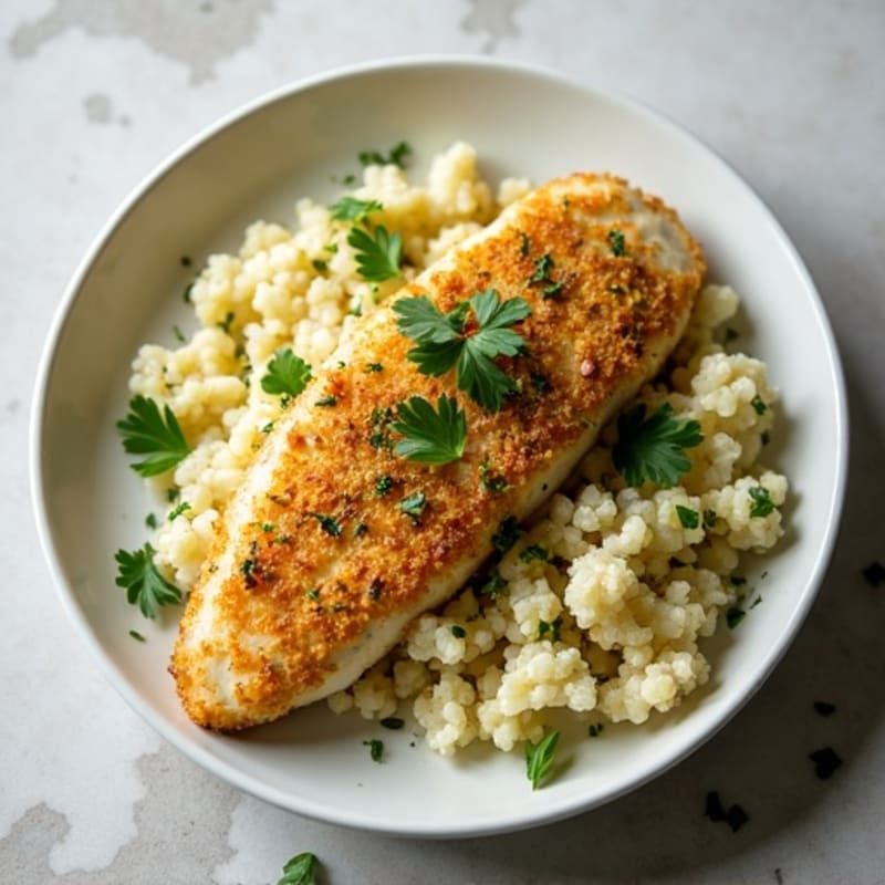 Herb-Crusted Pan Seared Tilapia with Garlic Cauliflower Rice