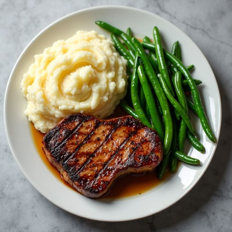 Seared Sirloin Steak with Garlic Green Beans and Mashed Potatoes
