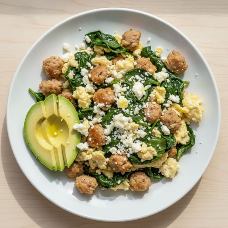 Egg White and Turkey Sausage Scramble with Spinach and Feta