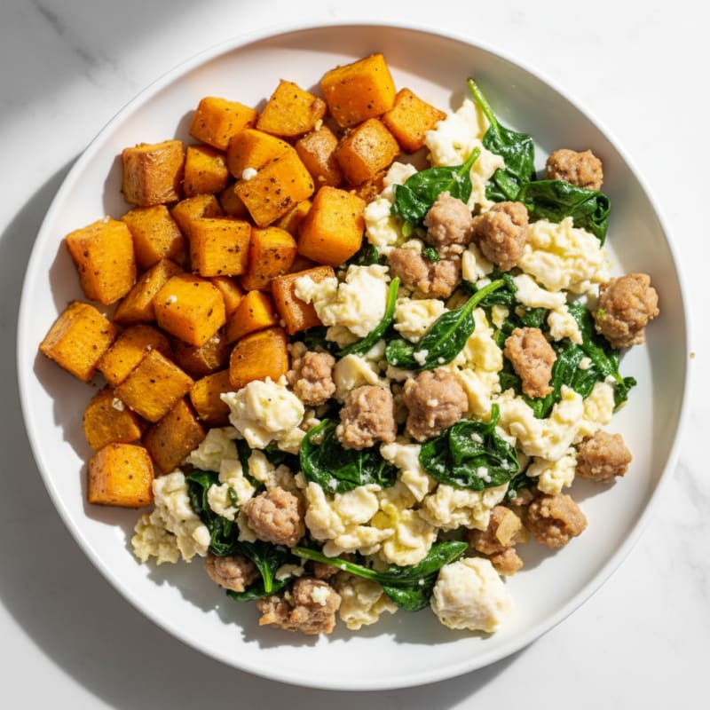Egg White and Turkey Sausage Scramble with Spinach and Roasted Sweet Potatoes