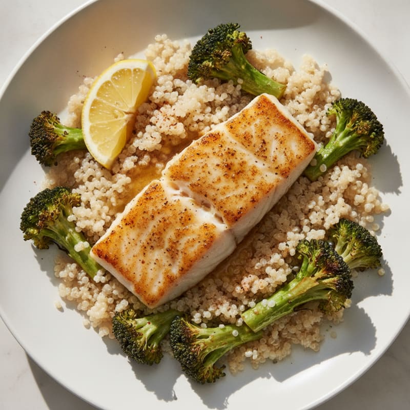 Seared Fish Fillet with Roasted Broccoli and Quinoa