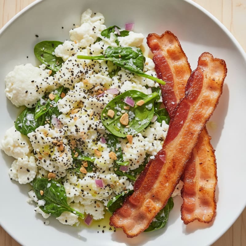 Egg White Spinach Scramble with Grilled Turkey Bacon