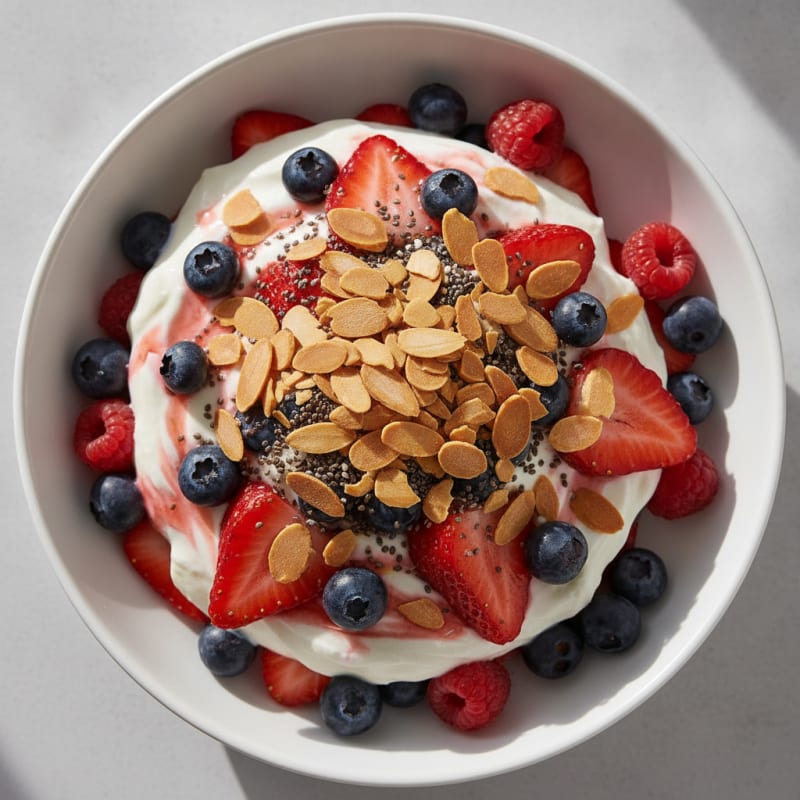Greek Yogurt Protein Parfait with Mixed Berries and Almonds