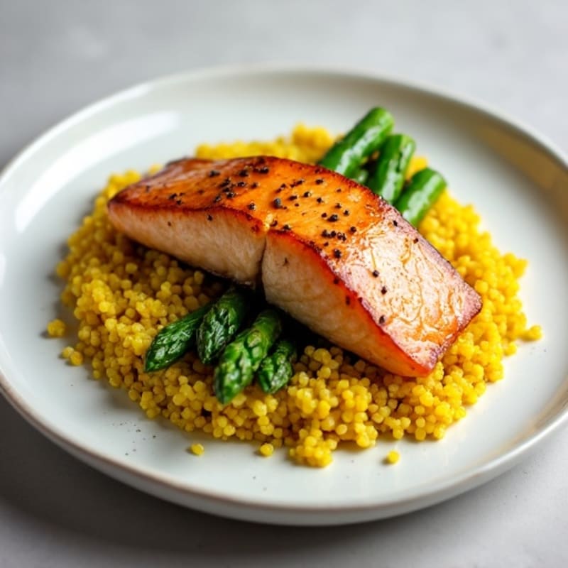 Seared Salmon with Steamed Asparagus and Turmeric Quinoa
