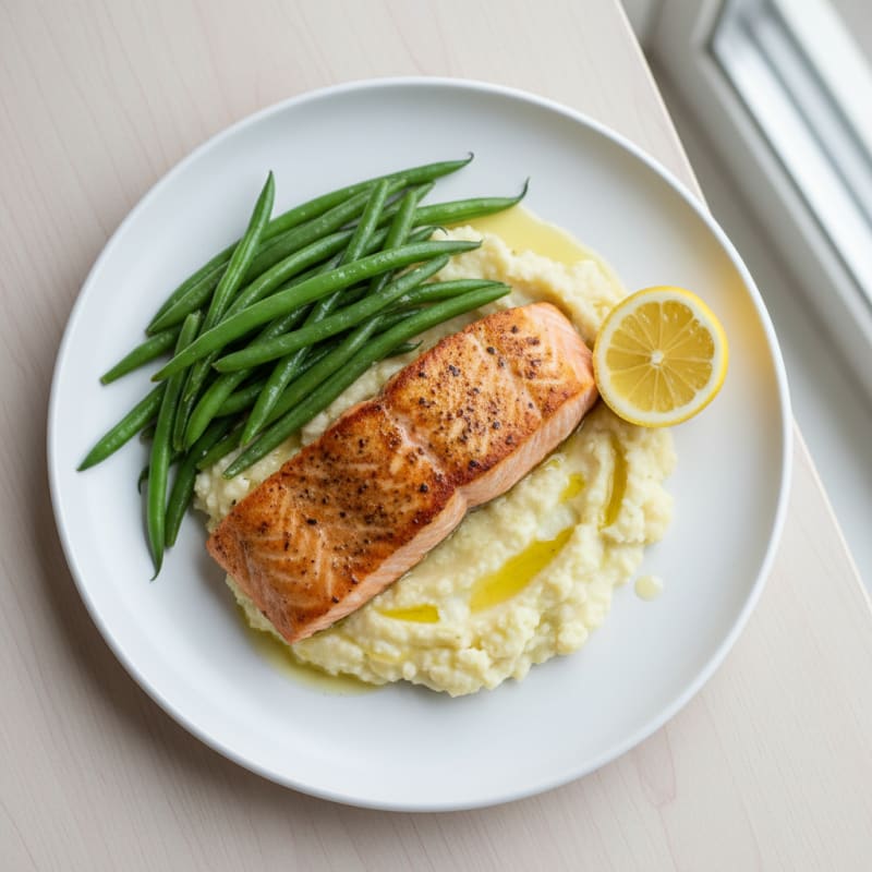 Seared Salmon with Steamed Green Beans and Garlic Mashed Cauliflower
