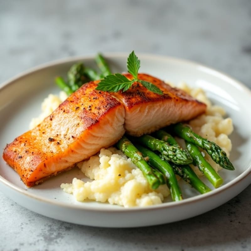 Seared Salmon with Steamed Asparagus and Cauliflower Mash