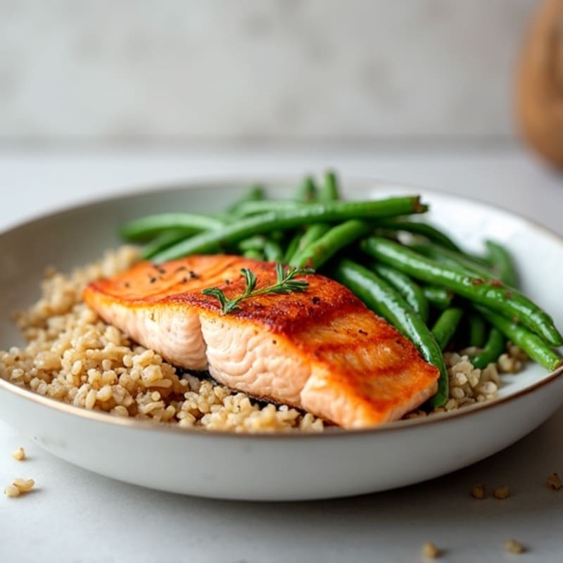 Seared Salmon Fillet with Steamed Green Beans and Brown Rice