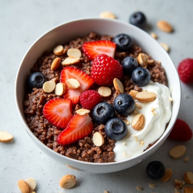 Chocolate Protein Oatmeal with Berries and Crunchy Almonds