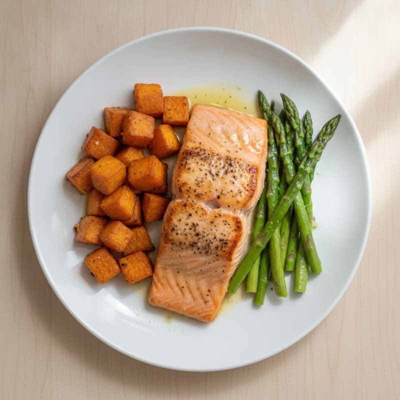 Seared Salmon Fillet with Roasted Sweet Potato and Asparagus