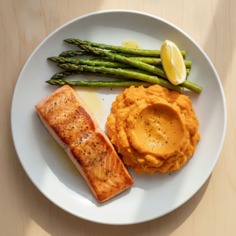 Seared Salmon with Roasted Asparagus and Sweet Potato Mash