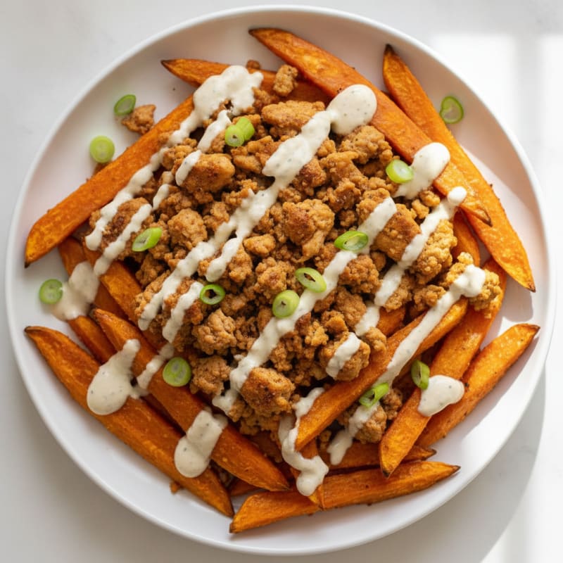 Loaded Sweet Potato Fries with Garlic Aioli