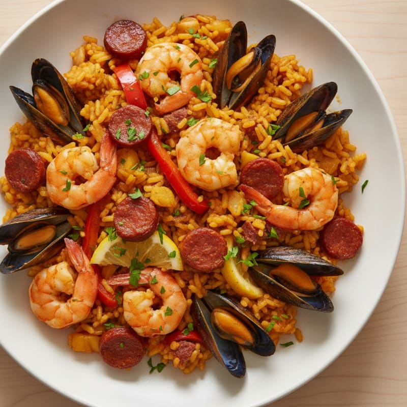 Saffron Seafood Paella with Chorizo