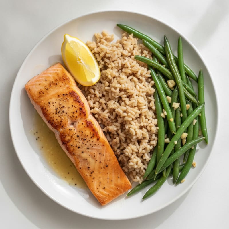 Seared Salmon with Garlic Green Beans and Brown Rice