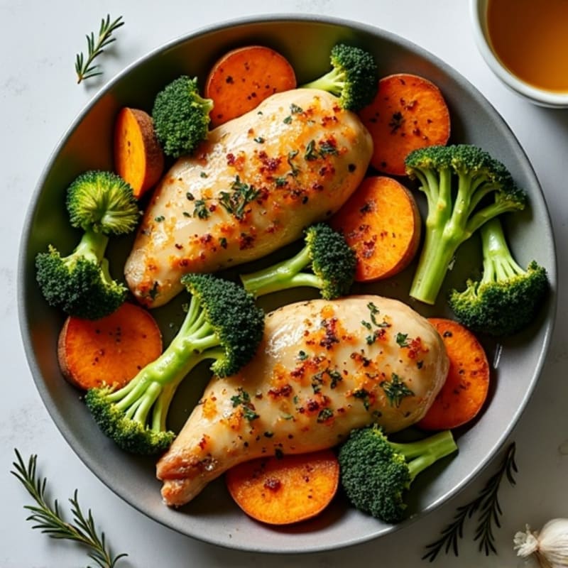 Sheet Pan Herb-Roasted Chicken with Crispy Broccoli and Sweet Potatoes