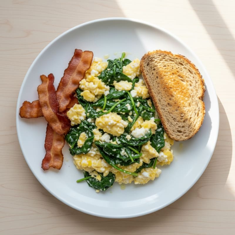 Cottage Cheese Egg Scramble with Spinach and Turkey Bacon