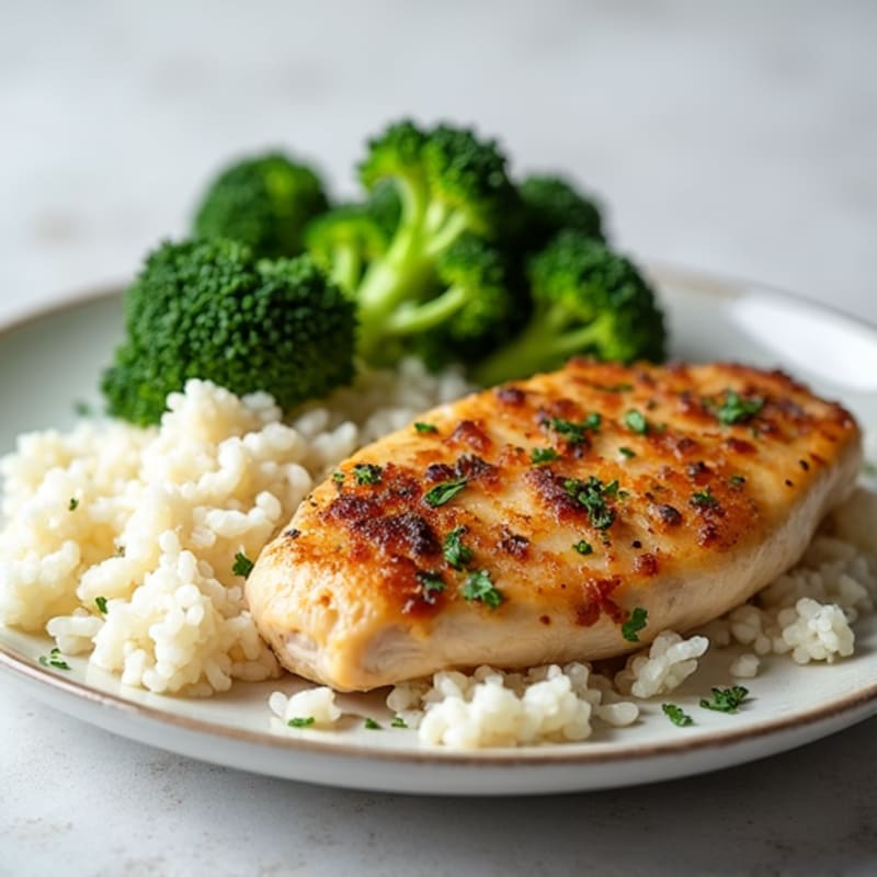 Herb-Seared Chicken with Steamed Rice and Broccoli