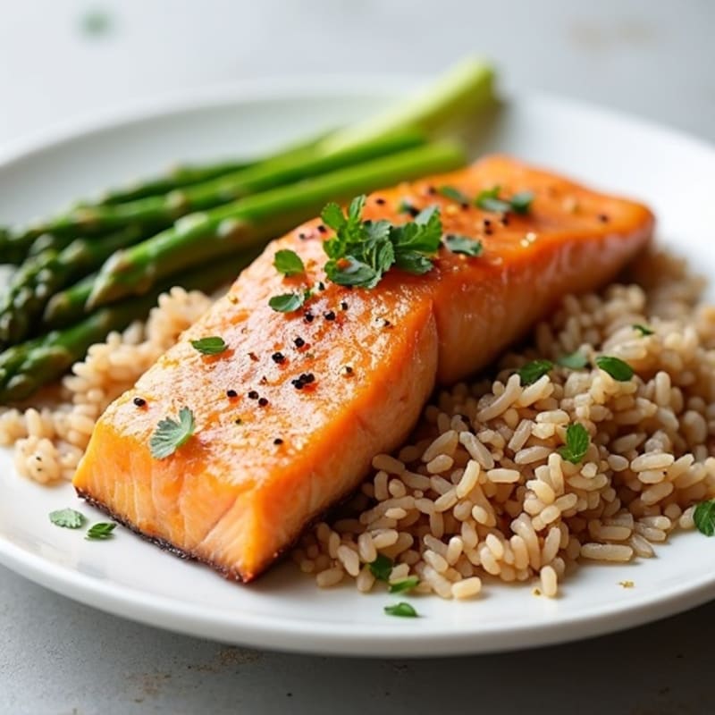 Seared Salmon with Steamed Asparagus and Brown Rice
