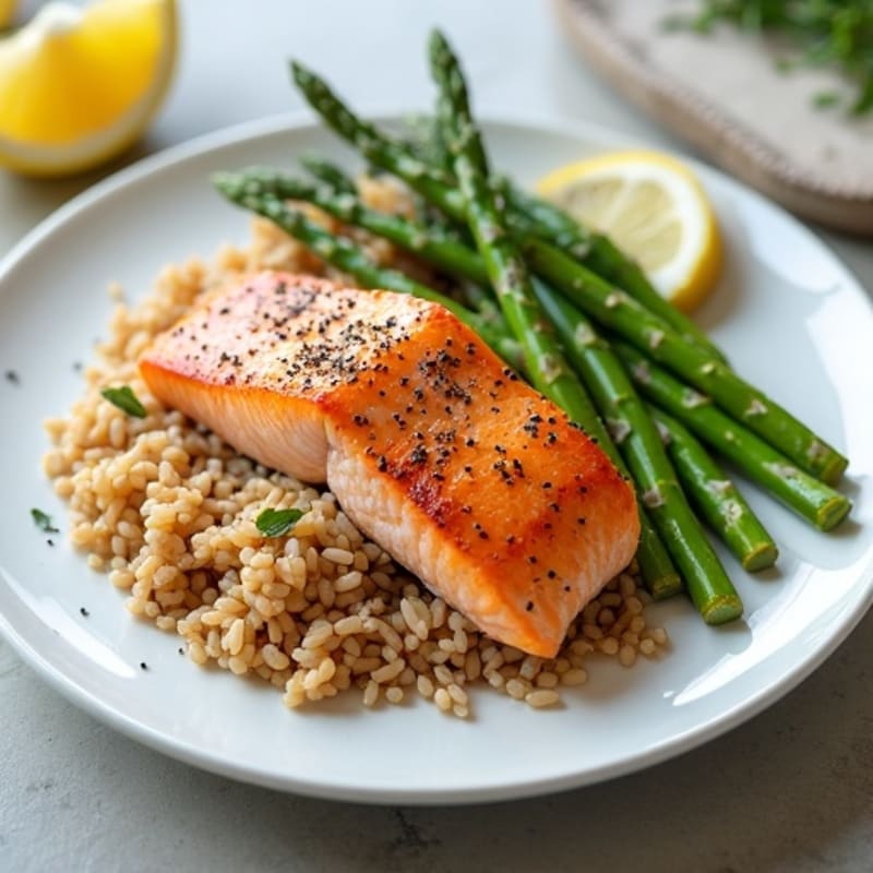 Seared Salmon Fillet with Steamed Asparagus and Brown Rice
