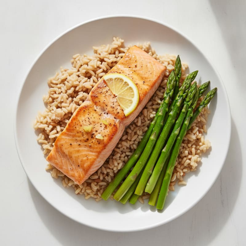 Seared Salmon with Steamed Asparagus and Brown Rice