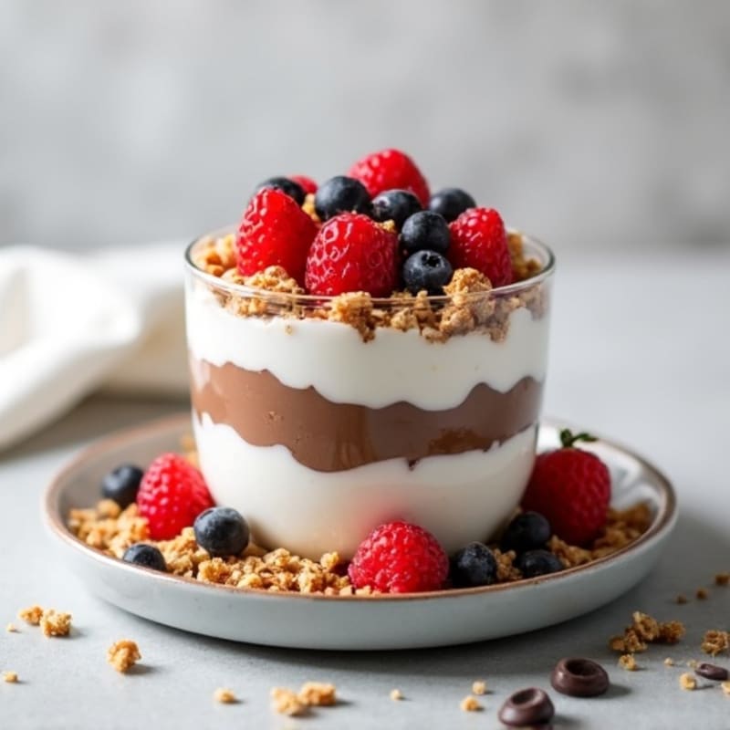 Greek Yogurt Protein Parfait with Chocolate and Mixed Berries