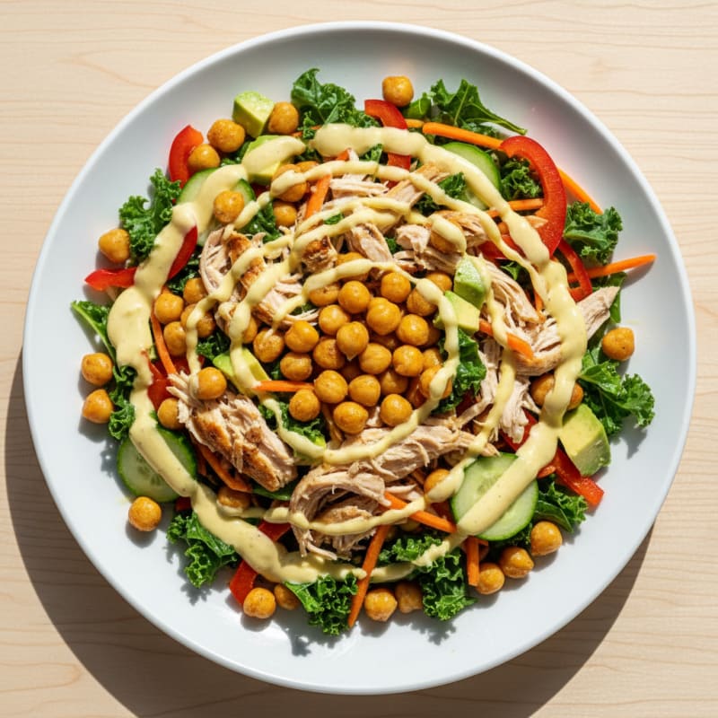 Crunchy Chickpea and Chicken Salad with Raw Veggies and Lemon-Tahini Dressing