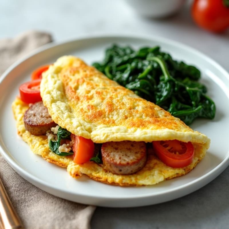 Egg White Vegetable Omelette with Turkey Sausage and Sautéed Spinach (with Toast Side)