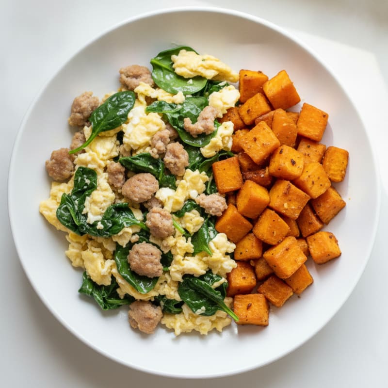 Egg White and Turkey Sausage Scramble with Spinach and Roasted Sweet Potato