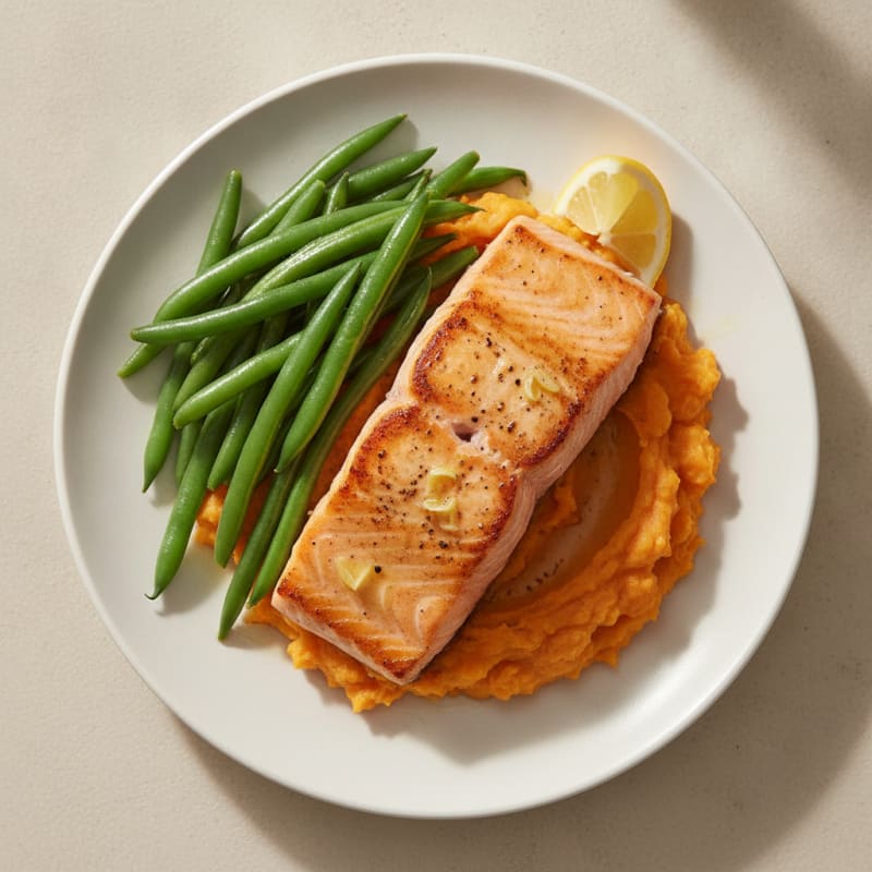 Seared Salmon Fillet with Steamed Green Beans and Sweet Potato Mash
