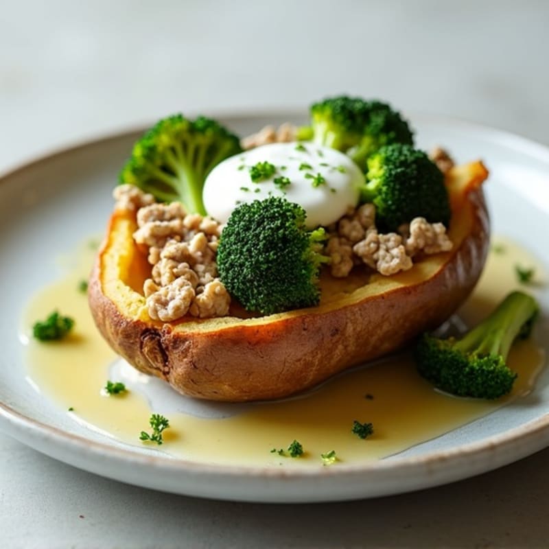 Crispy Baked Potato with Lean Ground Turkey, Roasted Broccoli, and Creamy Greek Yogurt