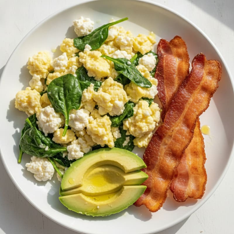 Cottage Cheese Egg Scramble with Spinach and Turkey Bacon