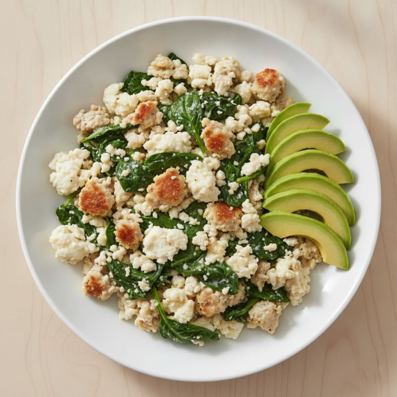 Egg White and Turkey Sausage Scramble with Sautéed Spinach