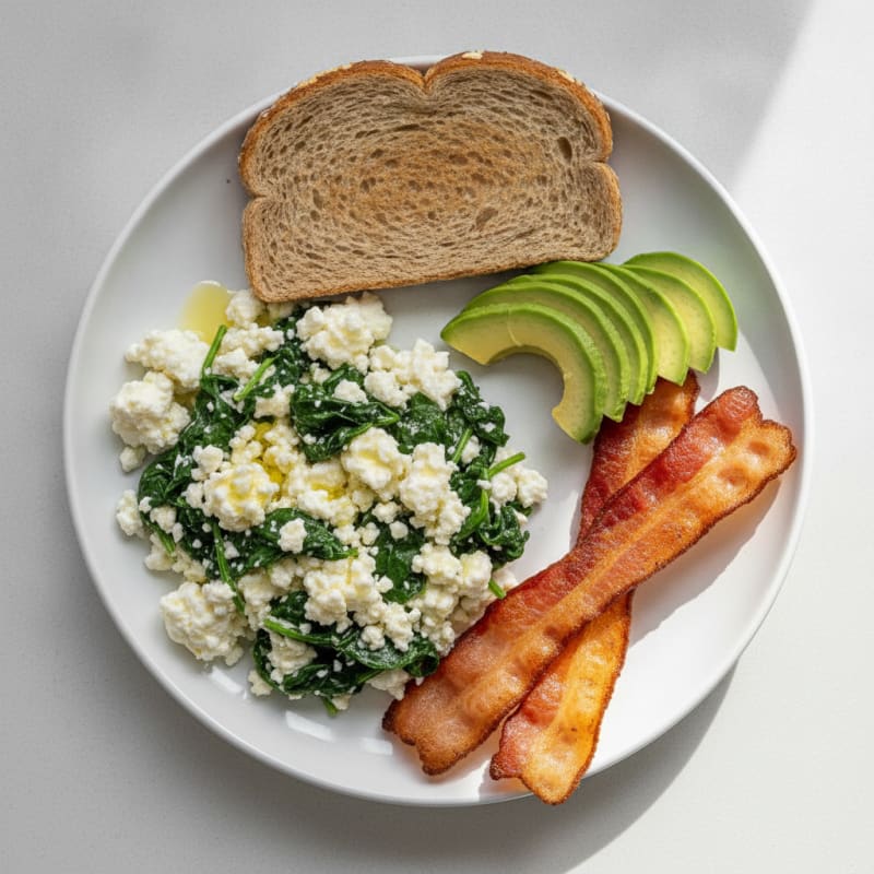 Cottage Cheese Egg White Scramble with Sautéed Spinach and Turkey Bacon