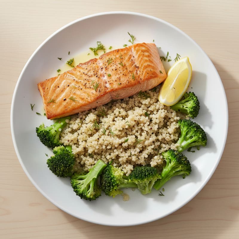 Seared Salmon with Steamed Broccoli and Quinoa