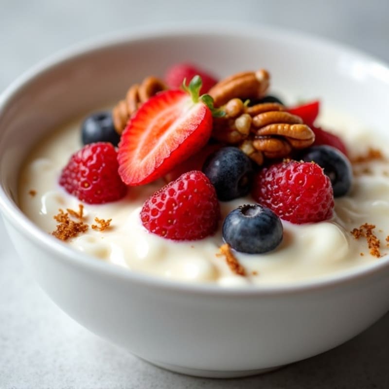 Creamy Vanilla Bean Greek Yogurt with Crispy Maple-Toasted Pecans and Fresh Berries