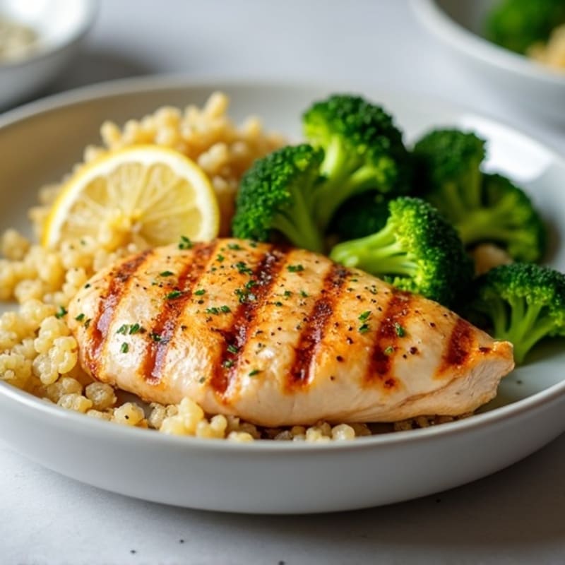 Grilled Lemon Pepper Chicken with Quinoa and Steamed Broccoli